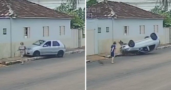 Vídeo: carro capota e quase atinge mulher que passeava com cachorro em Luz (MG)