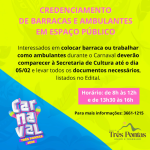 Interessados em vender alimentos no Carnaval de Três Pontas já podem se credenciar