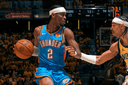 Shai Gilgeous-Alexander em ação pelo Thunder no jogo 4 das finais da NBA contra os Pacers