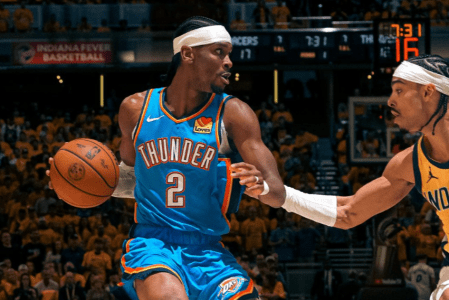 Shai Gilgeous-Alexander em ação pelo Thunder no jogo 4 das finais da NBA contra os Pacers