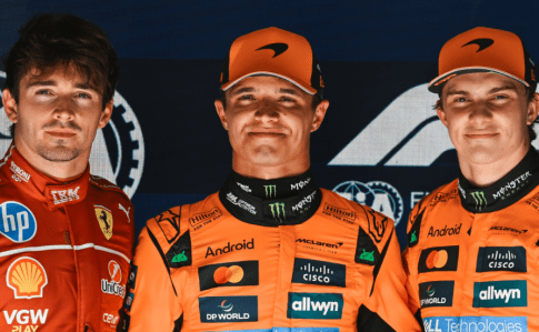 Leclerc, Norris e Piastri em foto dos 3 primeiros colocados para corrida do GP da Bélgica de F1 de 2025