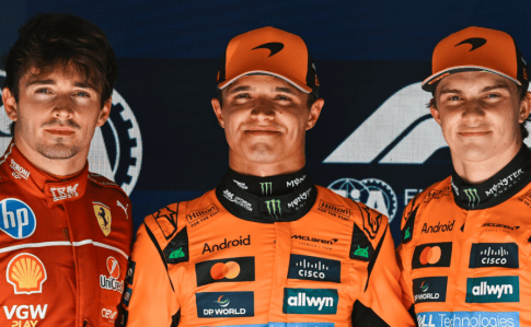 Leclerc, Norris e Piastri em foto dos 3 primeiros colocados para corrida do GP da Bélgica de F1 de 2025