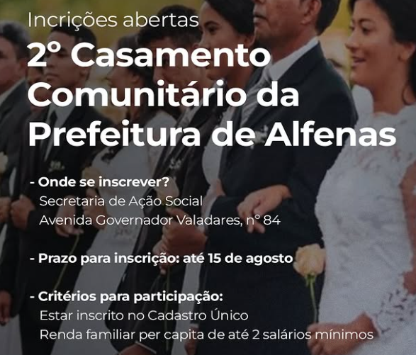 Casais podem se inscrever para casamento comunitário em Alfenas até 15 de agosto