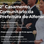 Casais podem se inscrever para casamento comunitário em Alfenas até 15 de agosto