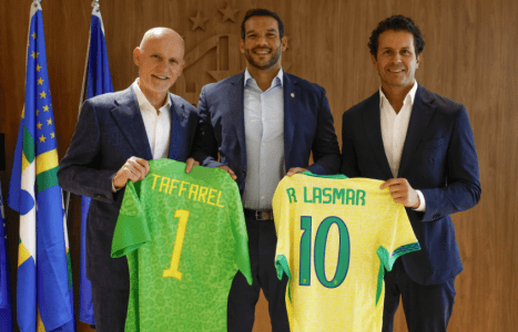 Ex-goleiro Taffarel ao lado de Samir Xaud e Rodrigo Lasar