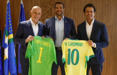 Ex-goleiro Taffarel ao lado de Samir Xaud e Rodrigo Lasar