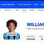 Antes de ser anunciado, Willian aparece com a camisa do Grêmio no site da CBF