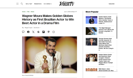 "Wagner Moura faz história no Globo de Ouro ao se tornar o primeiro ator brasileiro a ganhar o prêmio de Melhor Ator em Filme Dramático", publicou a Variety.