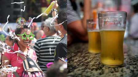 Foto mostra foliões no Carnaval e, ao lado, dois copos de cerveja em uma bancada