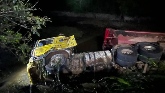 Carreta rolou pela ribanceira até parar em um brejo