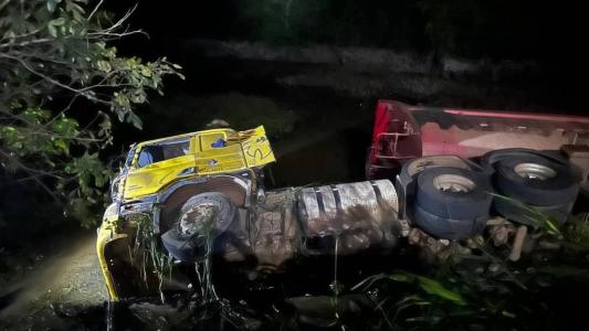 Carreta rolou pela ribanceira até parar em um brejo