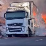 Vídeo: carreta com 30 toneladas de leite em pó pega fogo após pneus estourarem na BR-452 