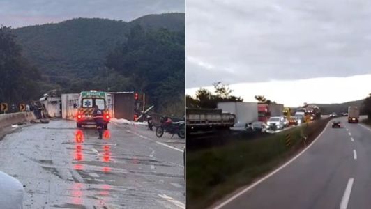 Carreta tombou na Fernão Dias, próximo à Serra de Igarapé.