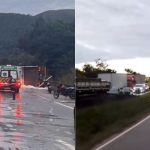 Carreta tomba e fecha a rodovia Fernão Dias, na Serra de Igarapé