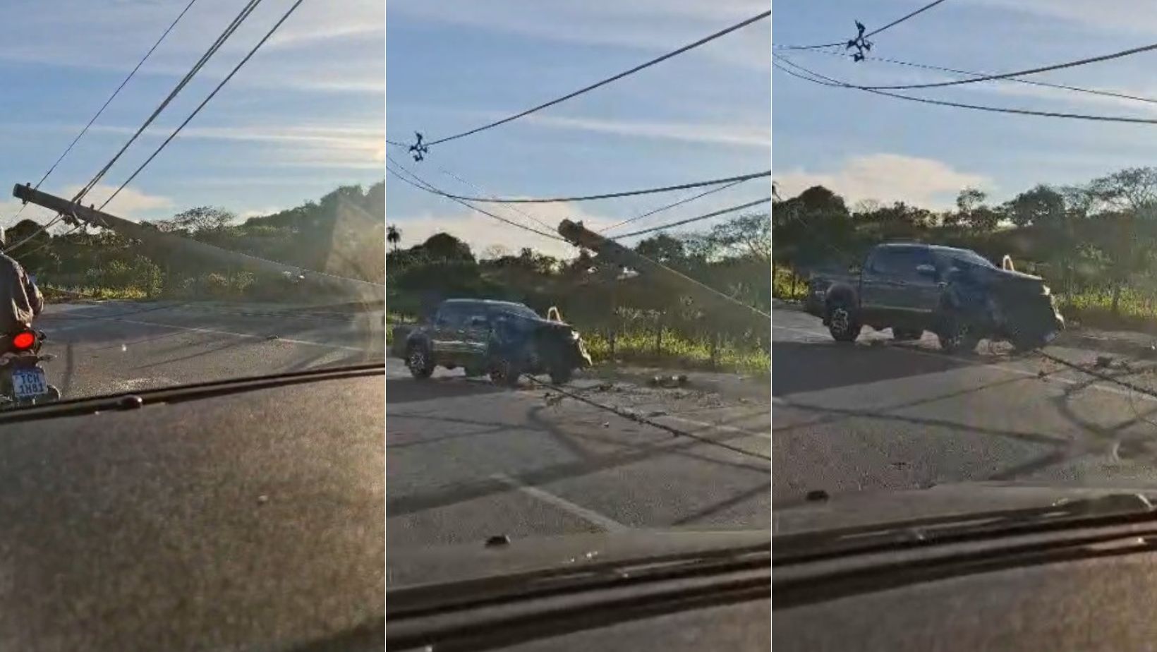 Carro atinge poste que cai sobre via de Contagem nesta manhã; vídeo