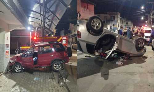 Carro bateu em muro de comércio em Barbacena. Veículo capotou em Juiz de Fora