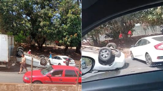 Carro capota e causa congestionamento no Anel Rodoviário, em BH