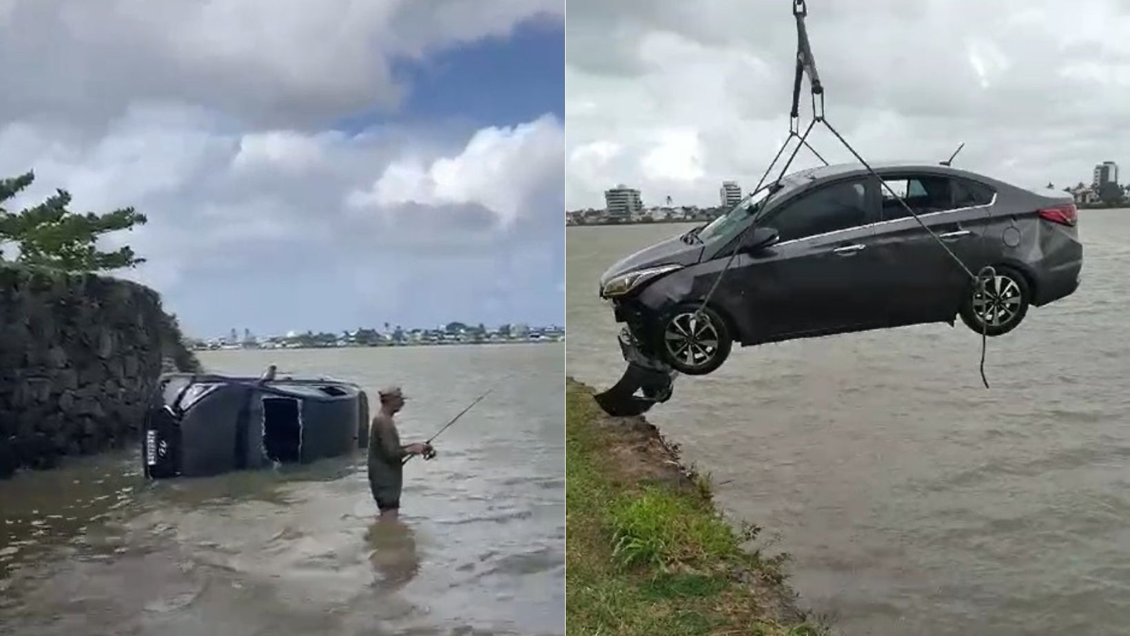 Vídeo: motorista de carro esquece de puxar freio e veículo cai em mar na Bahia