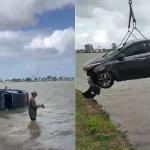 Vídeo: motorista de carro esquece de puxar freio e veículo cai em mar na Bahia