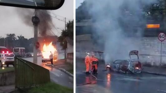 Foto mostra veículo destruído pelo fogo na avenida Antônio Carlos, em Belo Horizonte