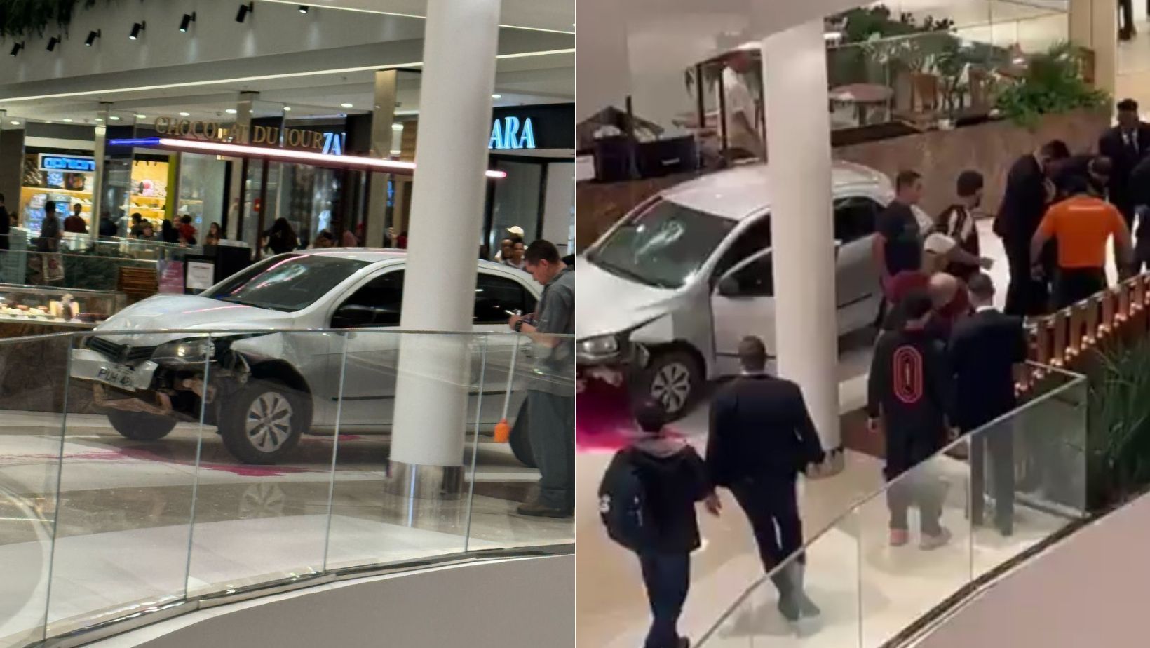 Carro invade shopping, quebra porta de vidro e atinge quiosque em Goiânia; veja vídeo
