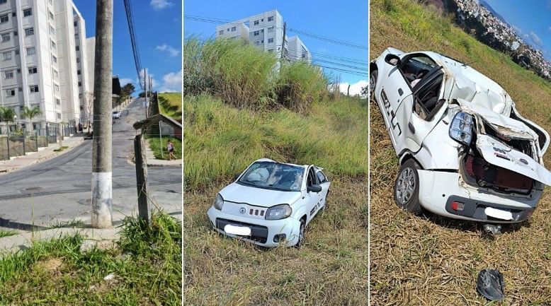 Carro capota ao despencar em barranco no bairro Engenho Nogueira, na Pampulha