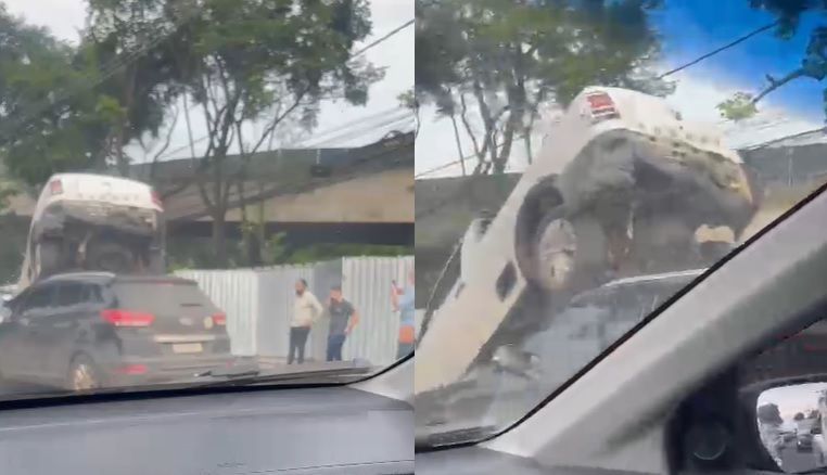 Vídeo: caminhonete fica em cima de carro após engavetamento na Pampulha, em BH