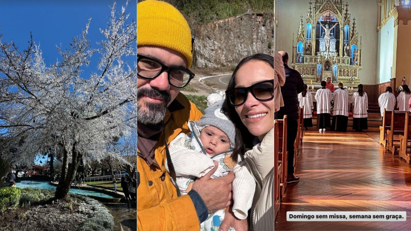 Juliano Cazarré e esposa mostram árvore congelada, em viagem a SC com o sexto filho; confira
