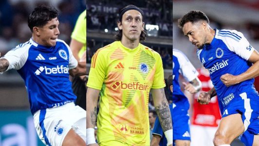 Lucas Romero, Cássio e Eduardo em jogos do Cruzeiro na temporada 2025