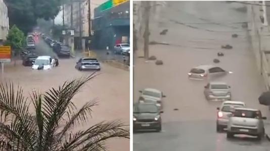 Fotos mostram carros boiando em ruas alagadas de Belo Horizonte