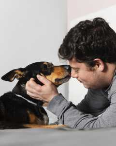 Homem acariciando cachorro