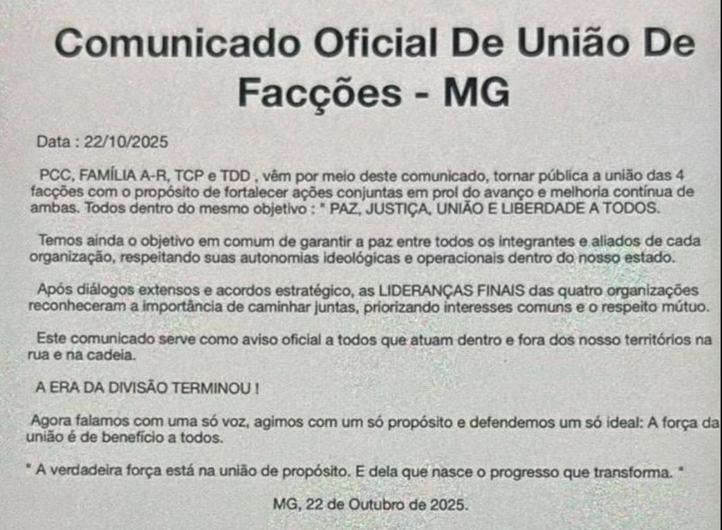 PCC, TCP e mais duas facções anunciam união em MG; autoridades temem guerra contra CV