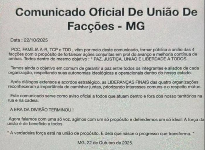 Comunicado divulgado por PCC, TCP, Família A-R e TDD anunciando a união das facções em Minas Gerais