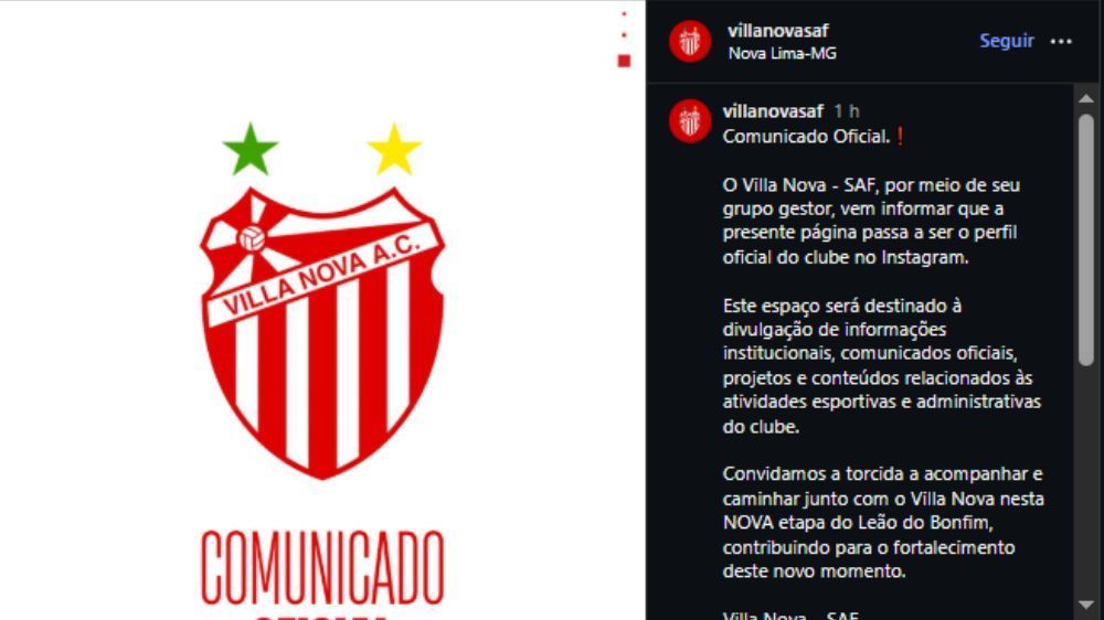 Villa Nova atualiza página no Instagram após aprovação da SAF