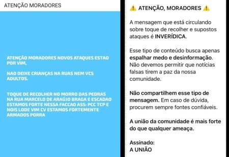 Comunicados que circulam nas redes sociais o primeiro, de fundo azul, foi apontado como falso pela Polícia Militar
