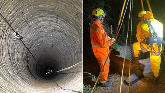 Foto mostra bombeiros trabalhando para resgatar corpo em cisterna em Salinas