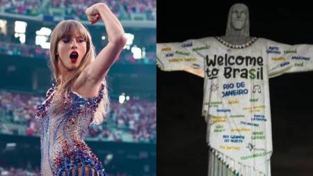 Cristo Redentor foi iluminado na noite desta quinta-feira (16) em homenagem à Taylor Swift