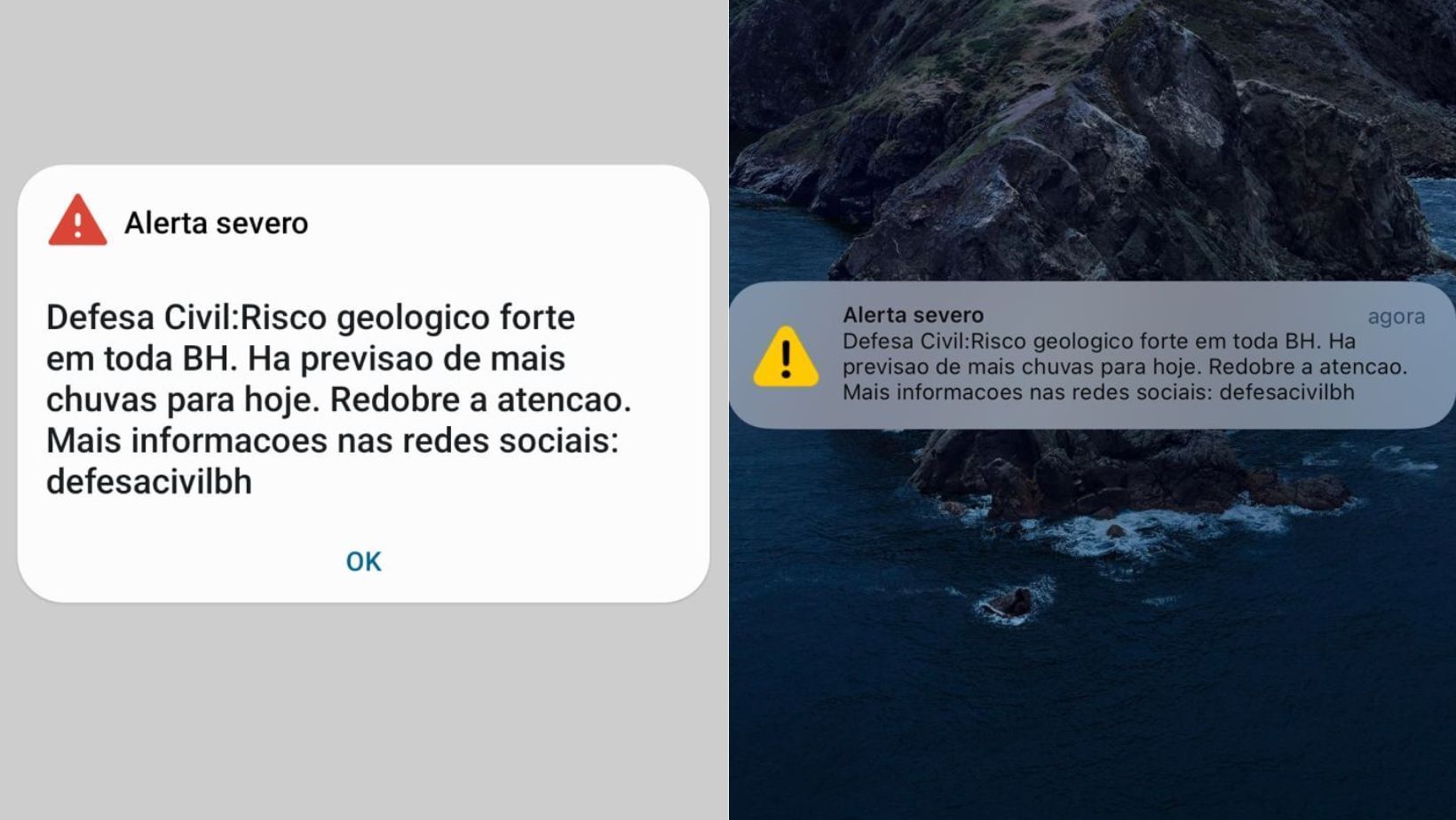 Defesa Civil emite alerta sonoro em celulares para avisar sobre risco geológico em BH