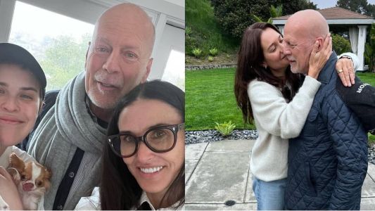 Demi Moore posou ao lado de Bruce Willis, atual esposa e filhas