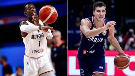 Dennis Schroeder, armador da Alemanha, e Bogdan Bogdanovic, ala da Sérvia