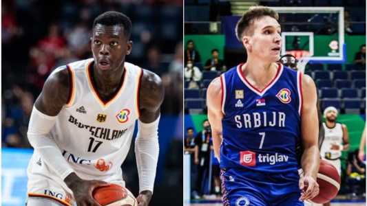 Dennis Schroeder, armador da Alemanha, e Bogdan Bogdanovic, ala da Sérvia