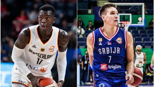Dennis Schroeder, armador da Alemanha, e Bogdan Bogdanovic, ala da Sérvia