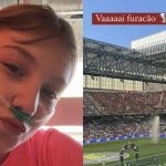 Isabel Veloso, influencer com câncer terminal, assiste jogo de futebol com cânula de oxigênio