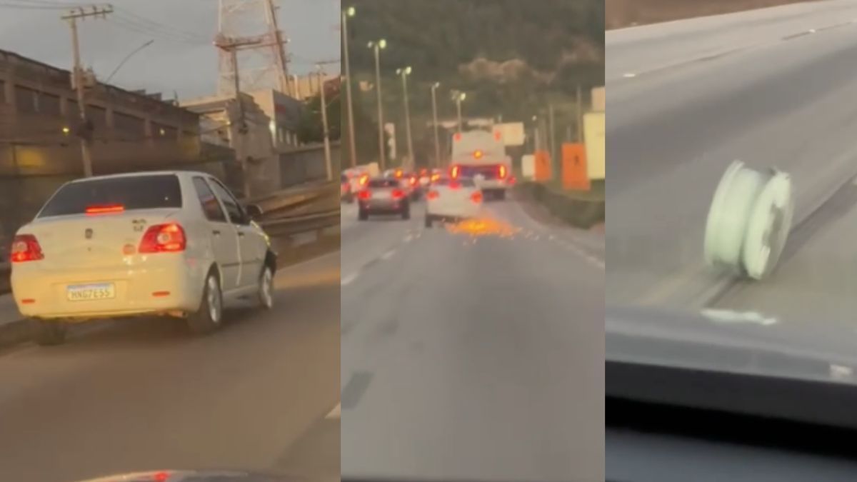Carro sem roda e pneu é flagrado circulando na BR-381, na Grande BH; veja vídeo
