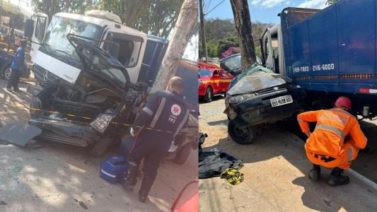Palio foi prensado pelo caminhão em uma árvore