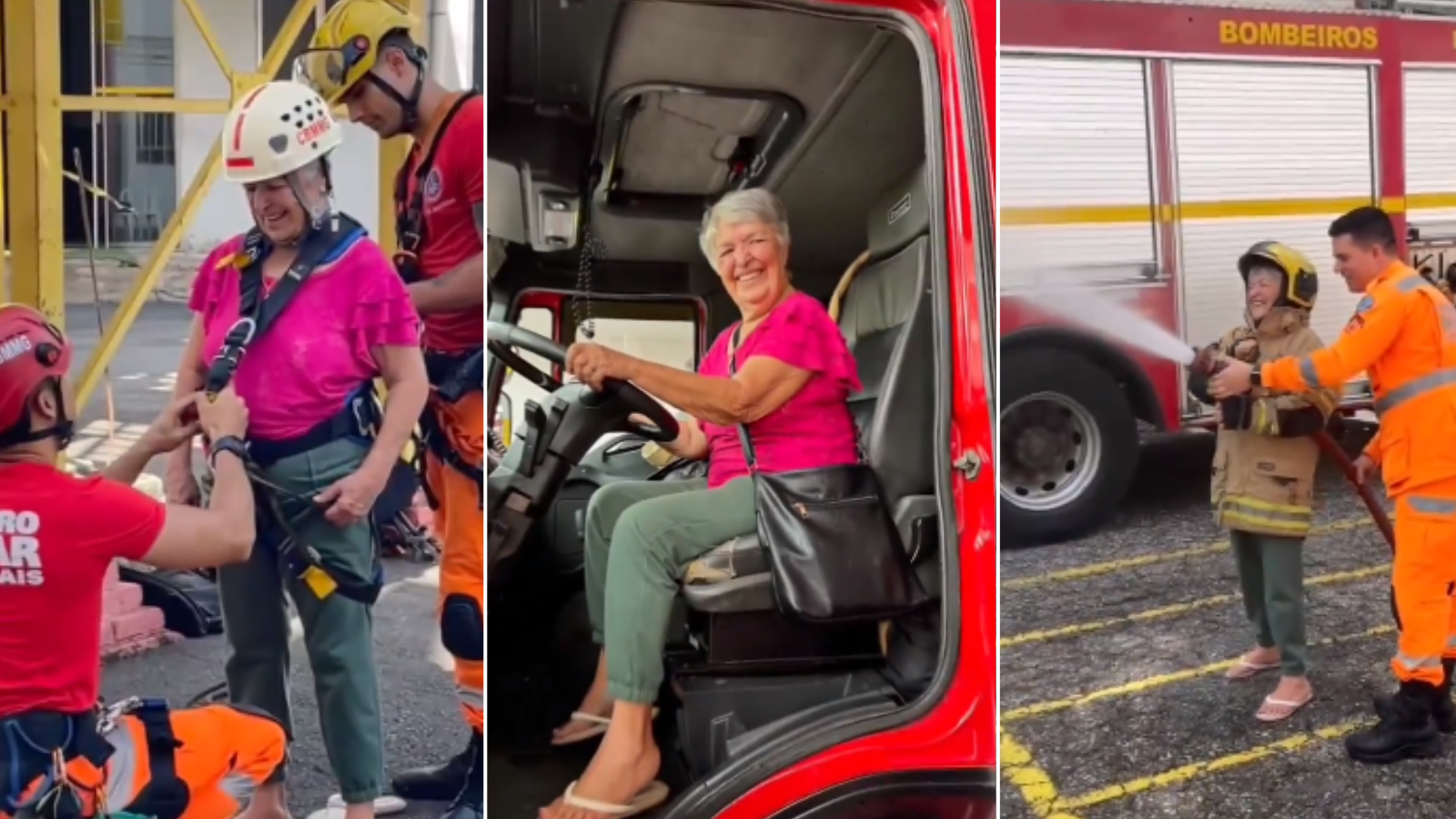 Vídeo: aos 80 anos, idosa realiza o sonho de ser bombeira por um dia em BH