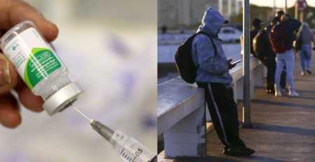 Dose de vacina contra a gripe / pessoas agasalhadas na rua