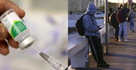 Dose de vacina contra a gripe / pessoas agasalhadas na rua