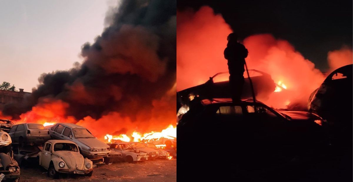 Incêndio de grandes proporções atinge pátio de veículos no bairro Goiânia, na região Nordeste de BH