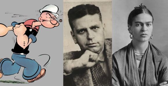 Personagem Popeye, escritor Oswald de Andrade e a pintora Frida Kahlo
